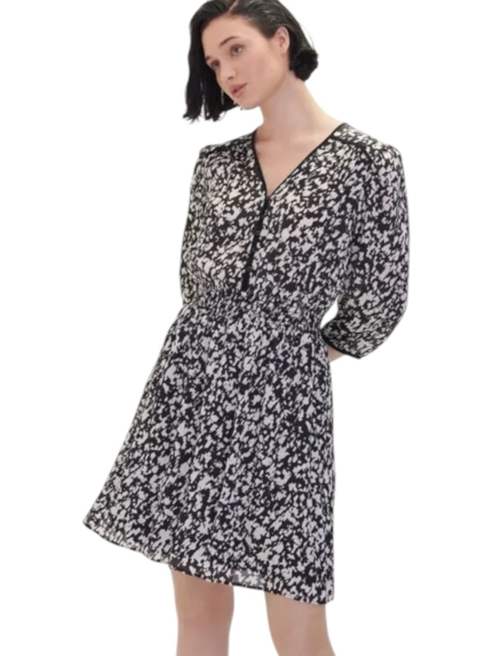 RW&CO Black/White Floral V-Neck Long Sleeve Dress (XS)